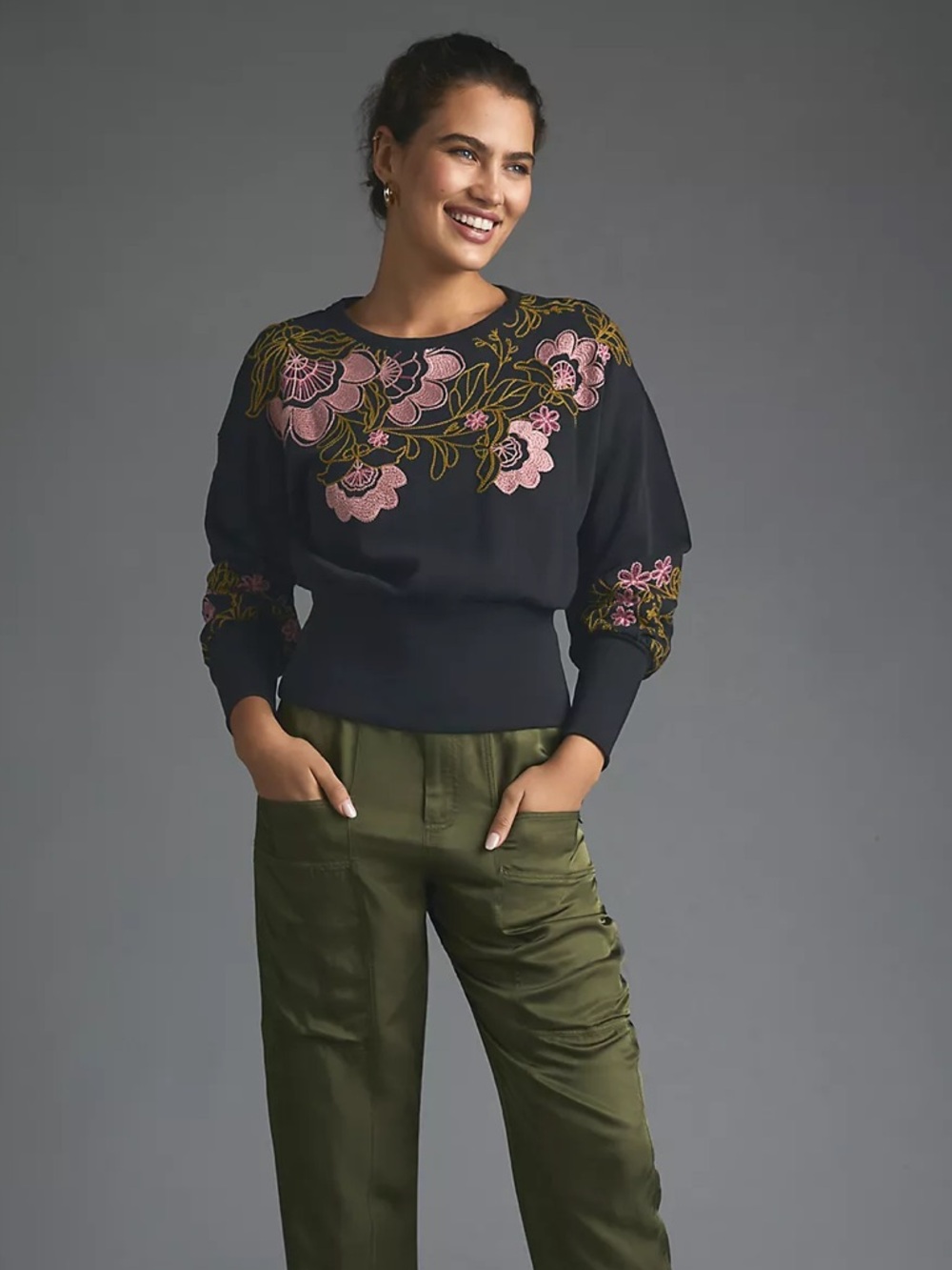 Anthropologie Spring Florals Embroidered Crewneck Sweatshirt, Size XS